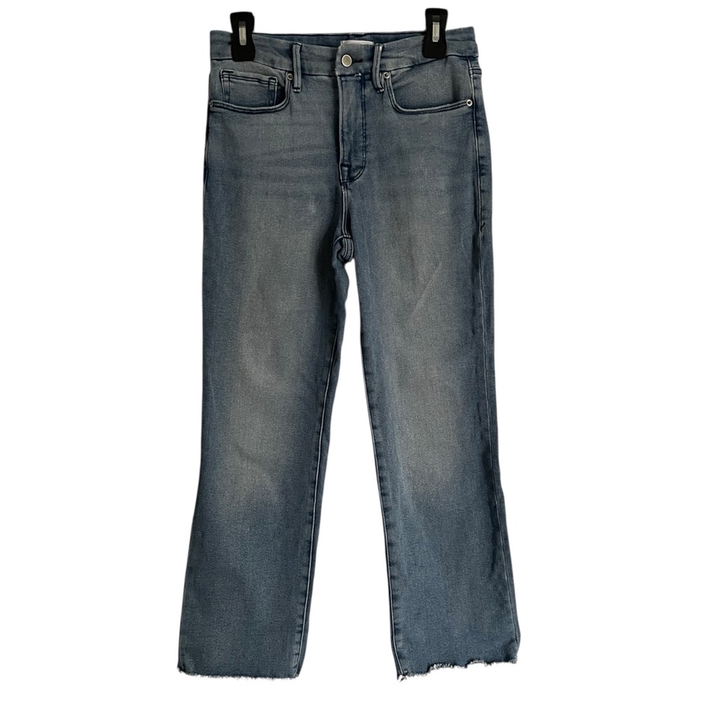 Good American Good Petite Straight Leg Jeans Raw Hem Sz 6/28 Med Wash Mid Rise